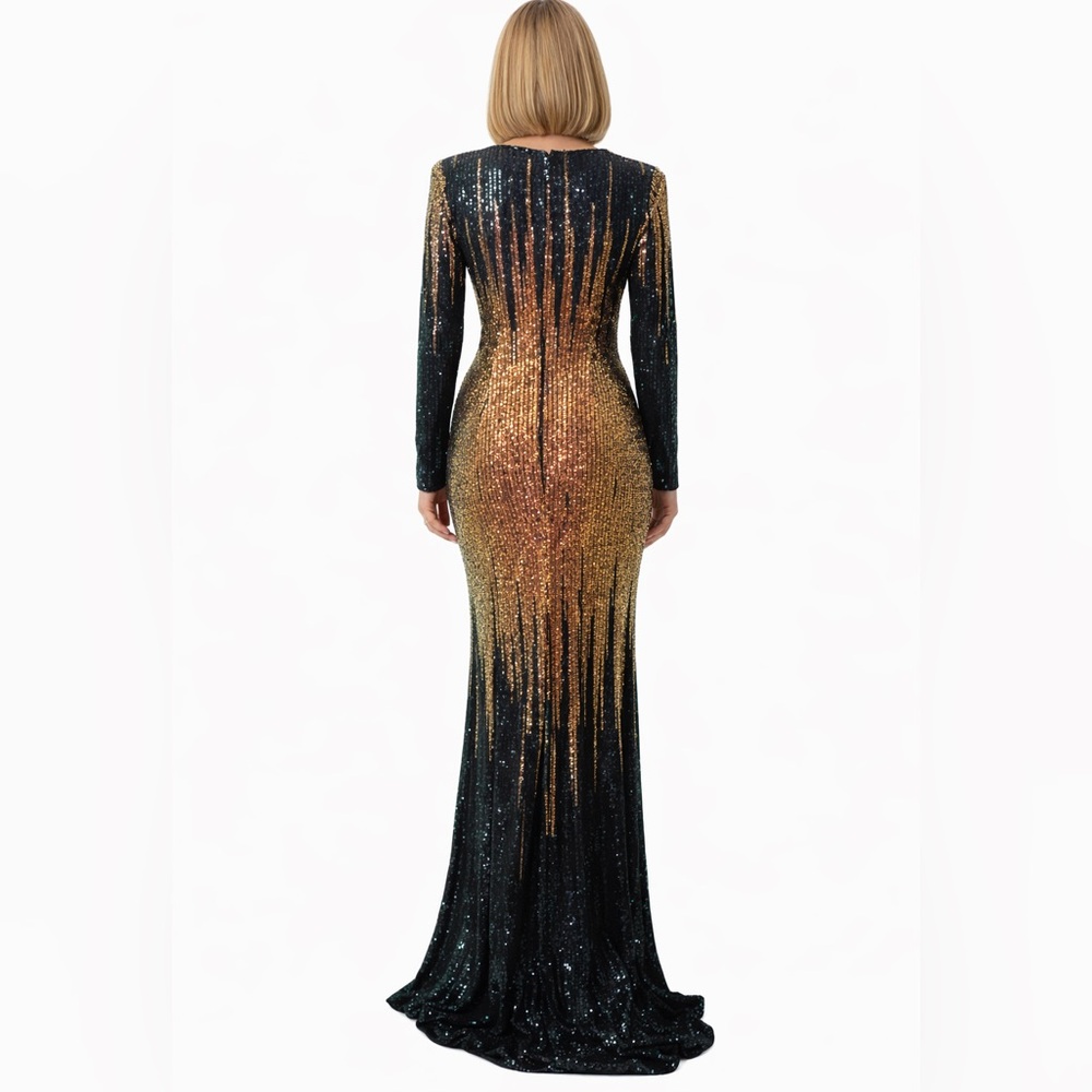 ✨ Sequin Ombre Evening Gown – Long Sleeve Maxi Dress ✨ Gold | Green - Picture 2 of 4